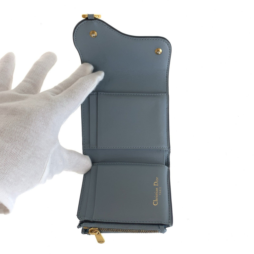 Dior Tri-fold wallet leather Navy Gold Metal Folding wallet Compact wallet saddle Women Used Authentic