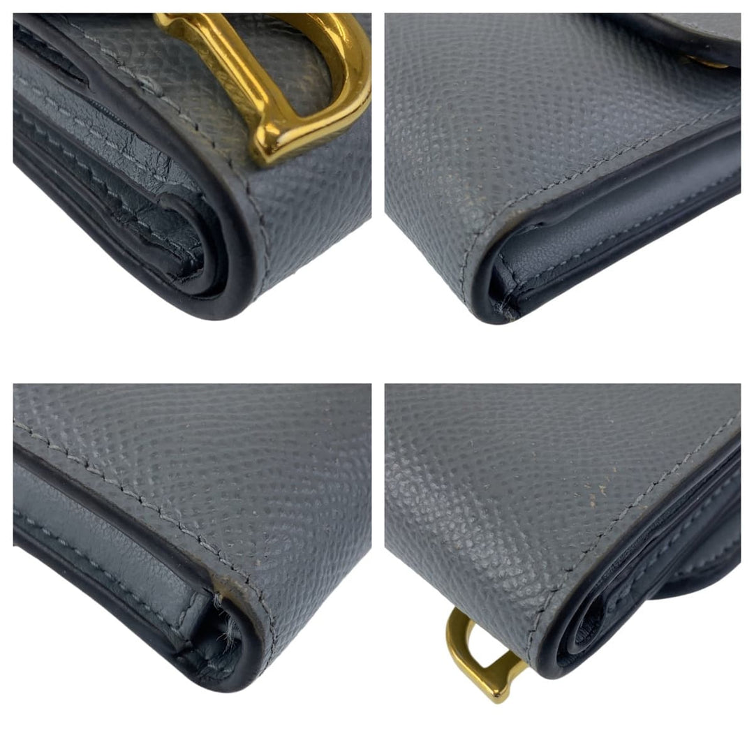 Dior Tri-fold wallet leather Navy Gold Metal Folding wallet Compact wallet saddle Women Used Authentic