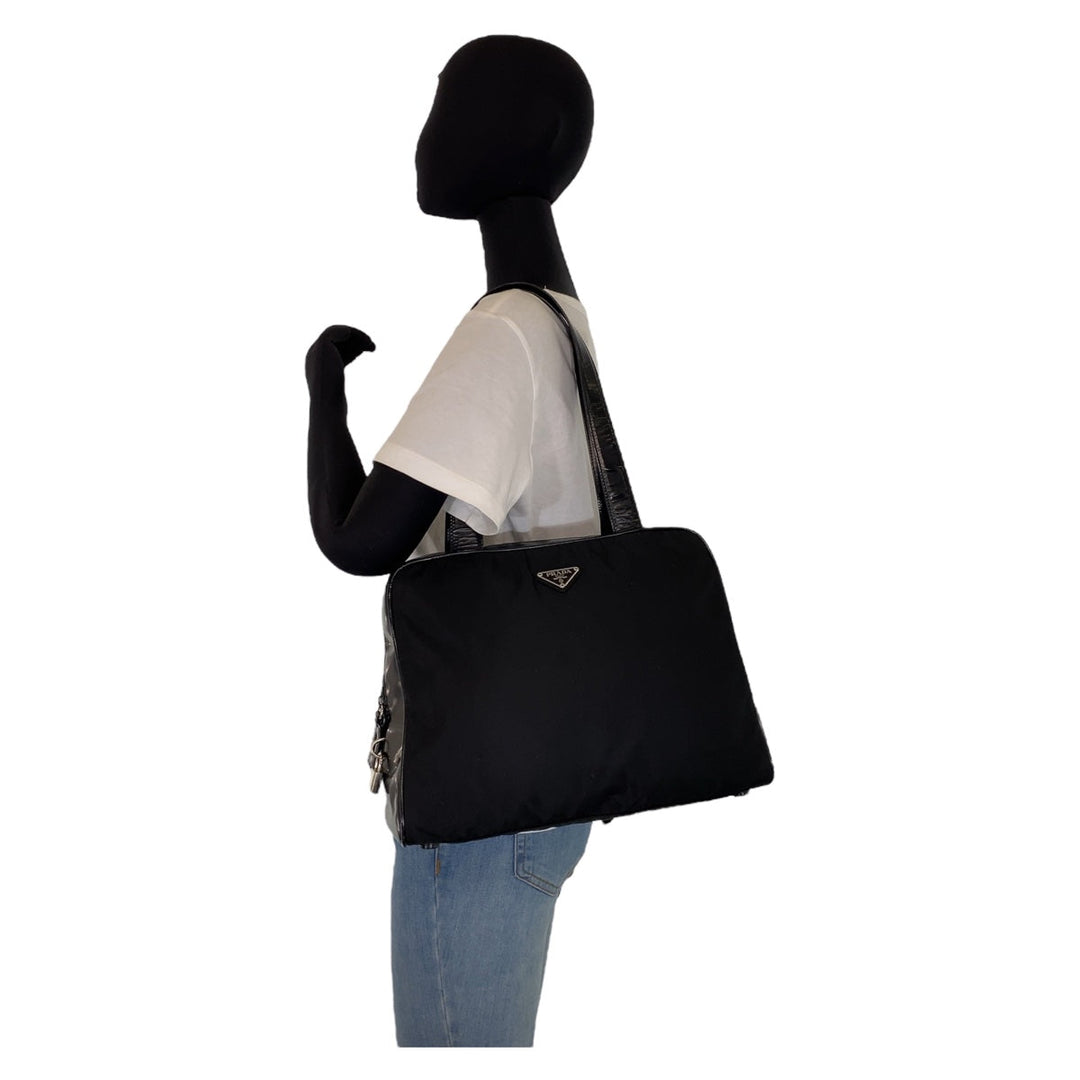 PRADA Shoulder Bag Nylon, Leather Black Silver Metal Shoulder Bag handbag Test Triangle With logo Women Used Authentic