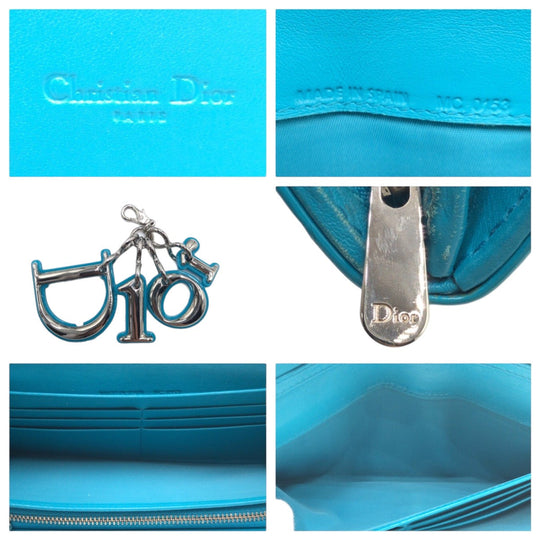 Dior Long Wallet Purse enamel Blue Silver Metal Long Wallet Purse Chain Wallet Canage Logo charm Women Used Authentic