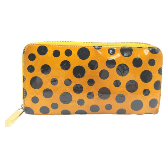 LOUIS VUITTON Long Wallet Purse M91571 enamel Yellow Black Gold Metal Long Wallet Purse Monogram Vernis Yayoi Kusama Dot Infinity Jaune Women Used Authentic