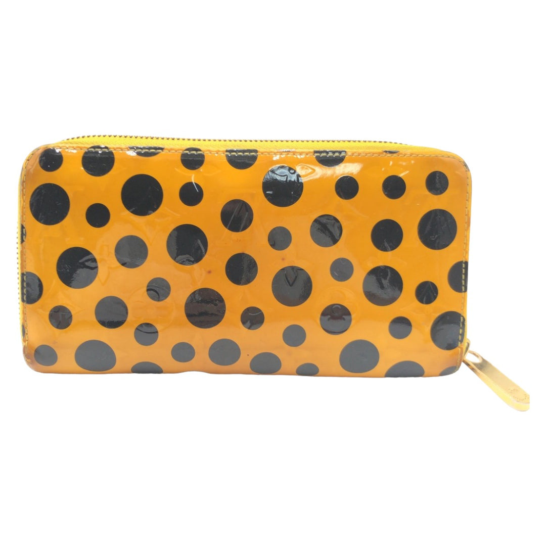 LOUIS VUITTON Long Wallet Purse M91571 enamel Yellow Black Gold Metal Long Wallet Purse Monogram Vernis Yayoi Kusama Dot Infinity Jaune Women Used Authentic