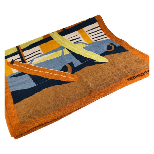 HERMES towel cotton Orange multicolor Beach towel Aprs La Vague Beach towel Women Used Authentic