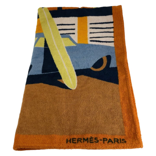 HERMES towel cotton Orange multicolor Beach towel Aprs La Vague Beach towel Women Used Authentic