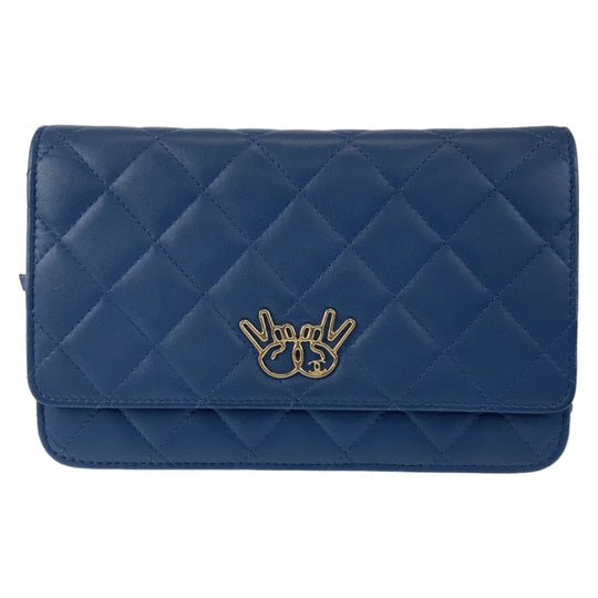 CHANEL Long Wallet Purse lambskin Navy Gold Metal Chain Wallet Shoulder Bag Pochette Matrasse Double piece COCO Mark Women Used Authentic