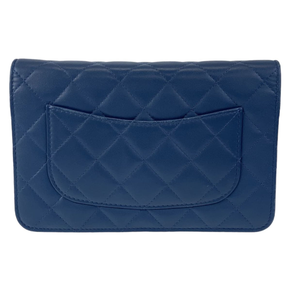 CHANEL Long Wallet Purse lambskin Navy Gold Metal Chain Wallet Shoulder Bag Pochette Matrasse Double piece COCO Mark Women Used Authentic