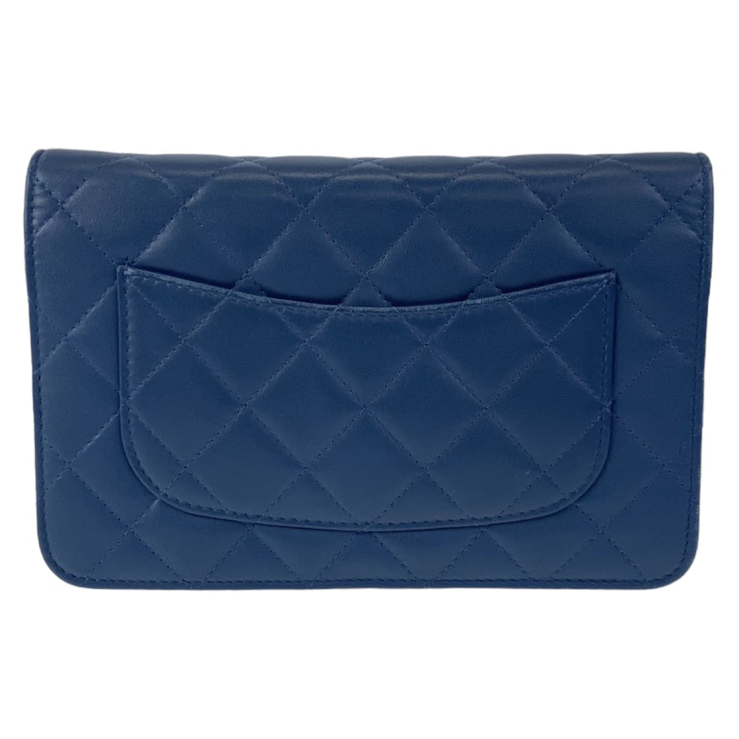 CHANEL Long Wallet Purse lambskin Navy Gold Metal Chain Wallet Shoulder Bag Pochette Matrasse Double piece COCO Mark Women Used Authentic