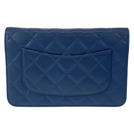 CHANEL Long Wallet Purse lambskin Navy Gold Metal Chain Wallet Shoulder Bag Pochette Matrasse Double piece COCO Mark Women Used Authentic