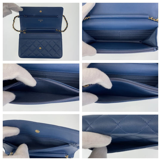 CHANEL Long Wallet Purse lambskin Navy Gold Metal Chain Wallet Shoulder Bag Pochette Matrasse Double piece COCO Mark Women Used Authentic