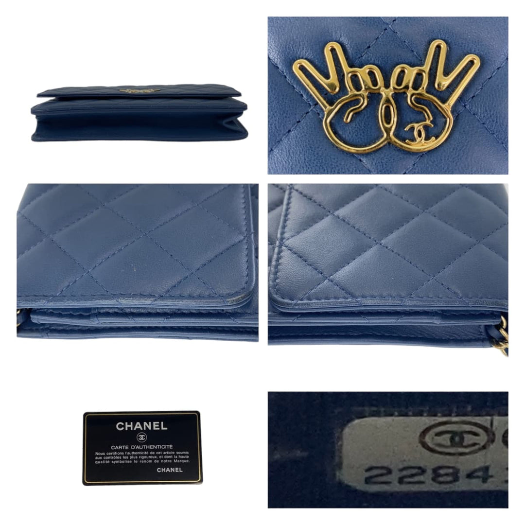 CHANEL Long Wallet Purse lambskin Navy Gold Metal Chain Wallet Shoulder Bag Pochette Matrasse Double piece COCO Mark Women Used Authentic