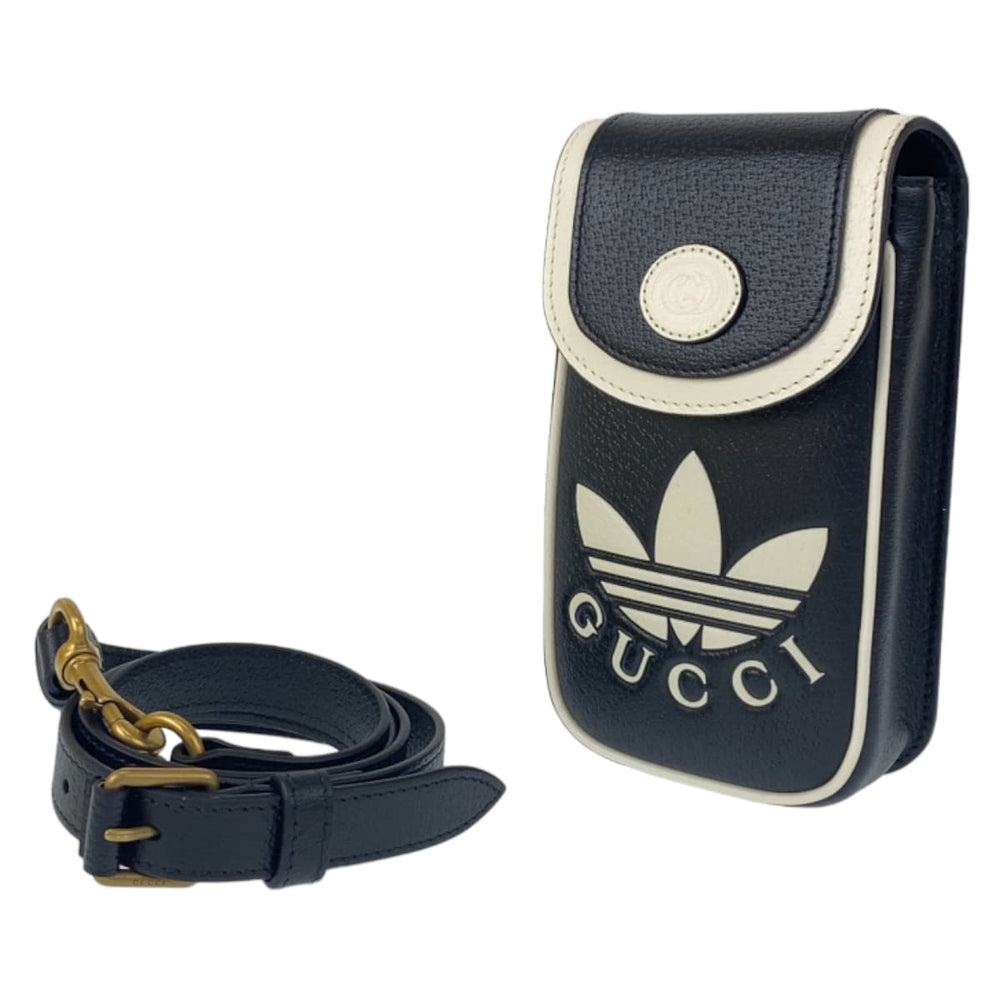 GUCCI Shoulder Bag leather Black White Gold Metal Shoulder Bag Phone Case Pochette adidas collaboration mens Used Authentic