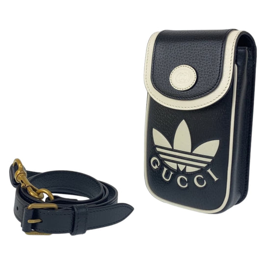 GUCCI Shoulder Bag leather Black White Gold Metal Shoulder Bag Phone Case Pochette adidas collaboration mens Used Authentic