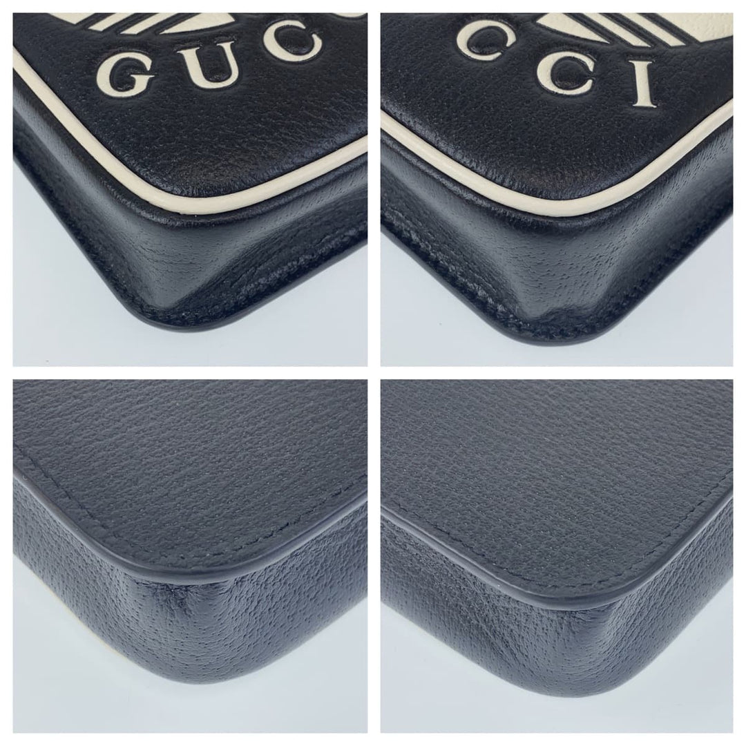 GUCCI Shoulder Bag leather Black White Gold Metal Shoulder Bag Phone Case Pochette adidas collaboration mens Used Authentic