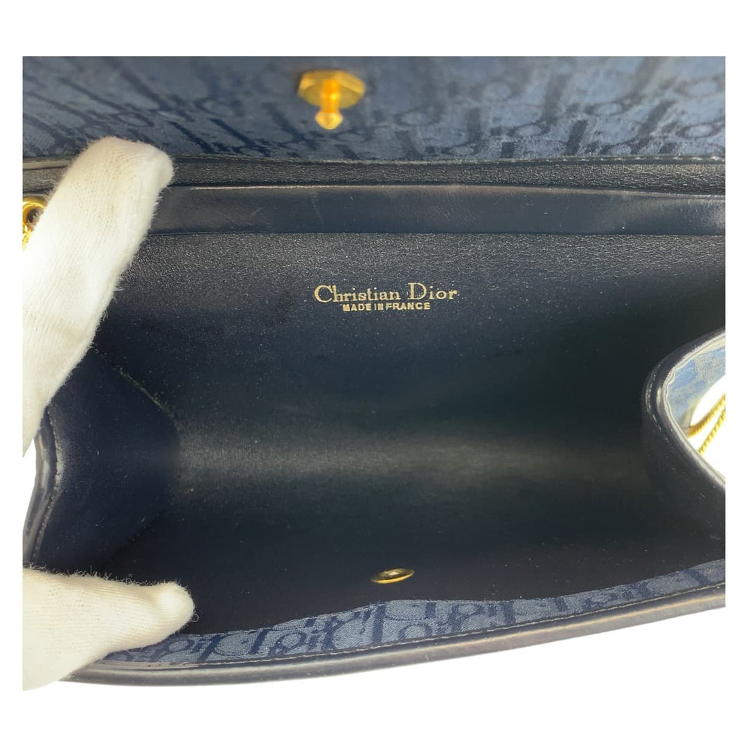 Dior Shoulder Bag canvas Navy Gold Metal Chain Shoulder Bag Handbag 2way Trotter Women Used Authentic