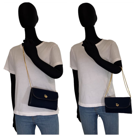 Dior Shoulder Bag canvas Navy Gold Metal Chain Shoulder Bag Handbag 2way Trotter Women Used Authentic