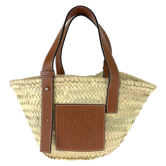 LOEWE Tote Bag 327 02 S93 Raffia, Leather Beige Brown SilverMetal Tote Bag handbag basket bag anagram Basket bag Women Used Authentic