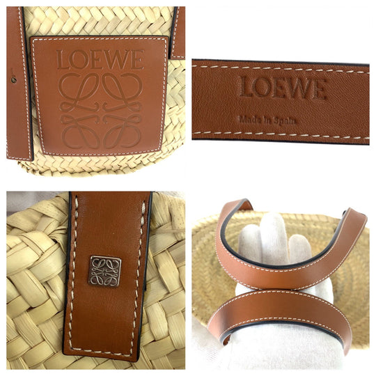 LOEWE Tote Bag 327 02 S93 Raffia, Leather Beige Brown SilverMetal Tote Bag handbag basket bag anagram Basket bag Women Used Authentic