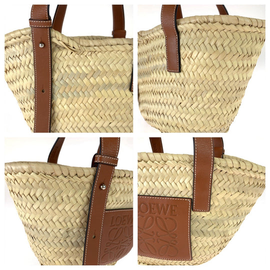 LOEWE Tote Bag 327 02 S93 Raffia, Leather Beige Brown SilverMetal Tote Bag handbag basket bag anagram Basket bag Women Used Authentic