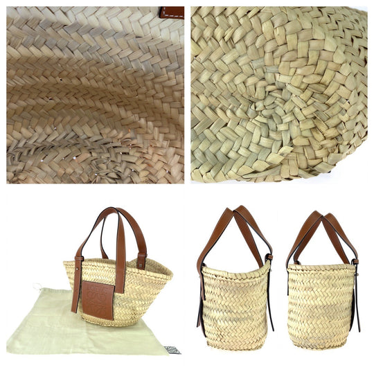 LOEWE Tote Bag 327 02 S93 Raffia, Leather Beige Brown SilverMetal Tote Bag handbag basket bag anagram Basket bag Women Used Authentic