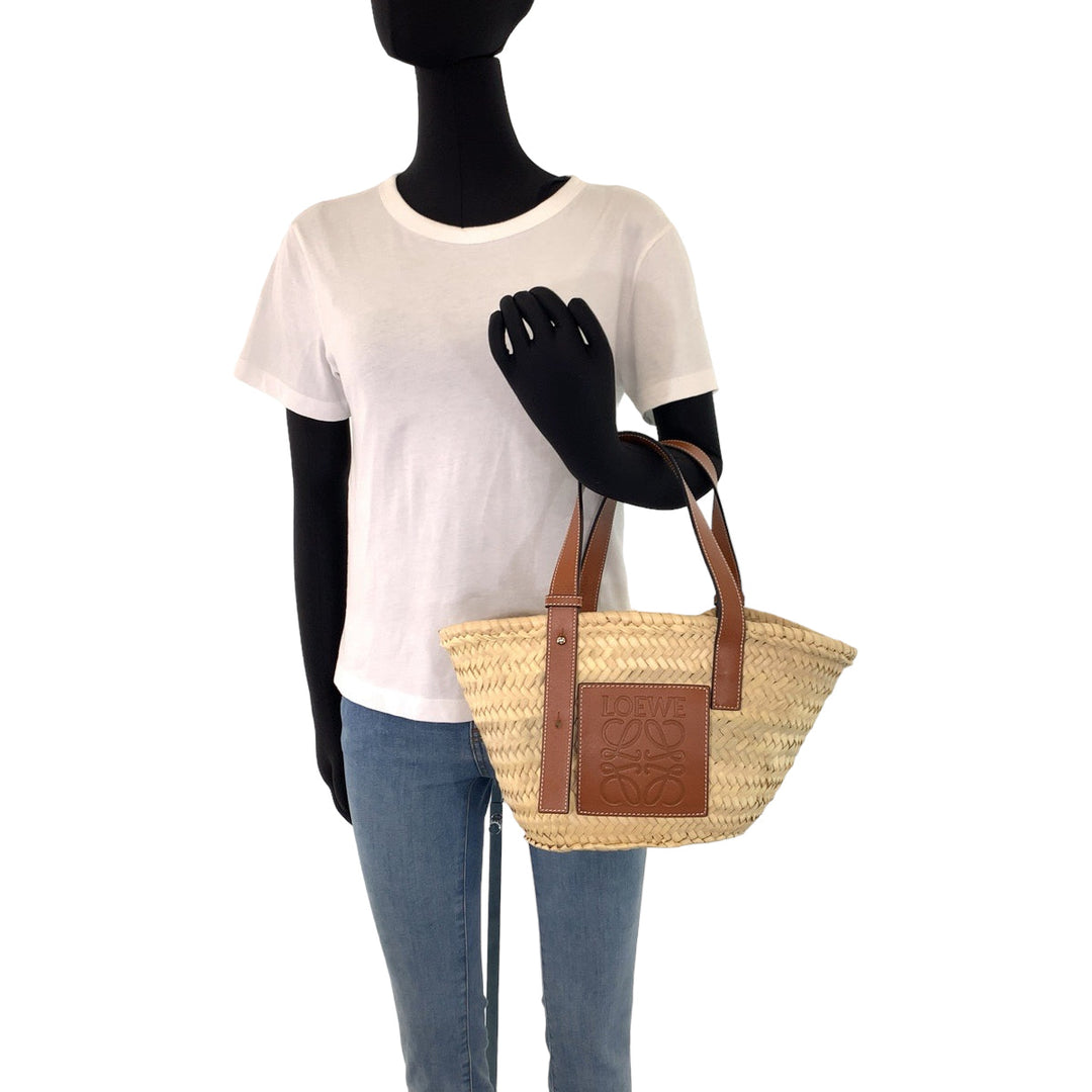 LOEWE Tote Bag 327 02 S93 Raffia, Leather Beige Brown SilverMetal Tote Bag handbag basket bag anagram Basket bag Women Used Authentic