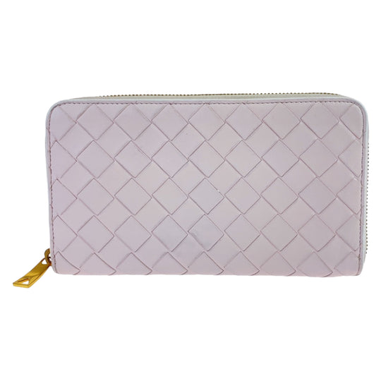 BOTTEGAVENETA Long Wallet Purse 608053 VCPP2 5903 lambskin Light Pink Gold Metal Long Wallet Purse Round Zip MAXI INTRECCIATO Women Used Authentic