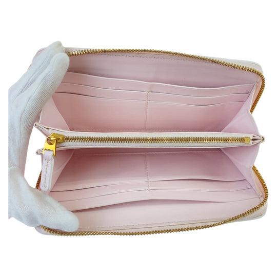 BOTTEGAVENETA Long Wallet Purse 608053 VCPP2 5903 lambskin Light Pink Gold Metal Long Wallet Purse Round Zip MAXI INTRECCIATO Women Used Authentic