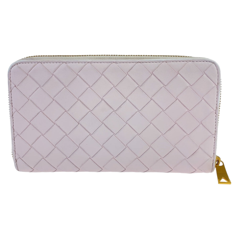BOTTEGAVENETA Long Wallet Purse 608053 VCPP2 5903 lambskin Light Pink Gold Metal Long Wallet Purse Round Zip MAXI INTRECCIATO Women Used Authentic
