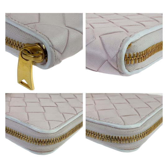 BOTTEGAVENETA Long Wallet Purse 608053 VCPP2 5903 lambskin Light Pink Gold Metal Long Wallet Purse Round Zip MAXI INTRECCIATO Women Used Authentic