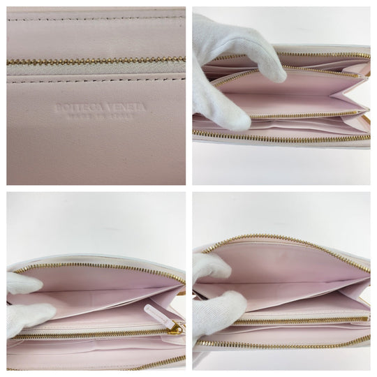 BOTTEGAVENETA Long Wallet Purse 608053 VCPP2 5903 lambskin Light Pink Gold Metal Long Wallet Purse Round Zip MAXI INTRECCIATO Women Used Authentic