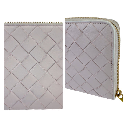 BOTTEGAVENETA Long Wallet Purse 608053 VCPP2 5903 lambskin Light Pink Gold Metal Long Wallet Purse Round Zip MAXI INTRECCIATO Women Used Authentic