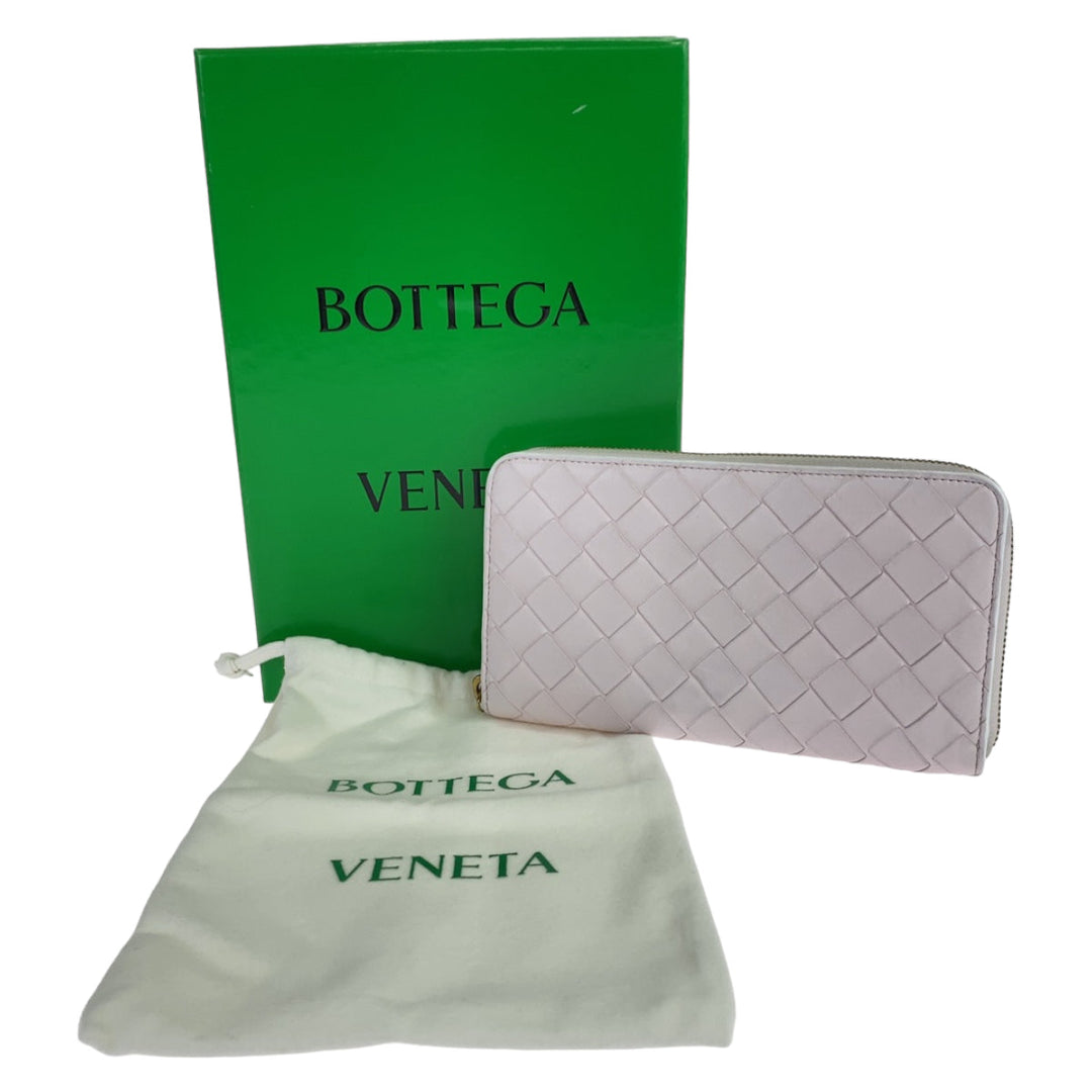 BOTTEGAVENETA Long Wallet Purse 608053 VCPP2 5903 lambskin Light Pink Gold Metal Long Wallet Purse Round Zip MAXI INTRECCIATO Women Used Authentic
