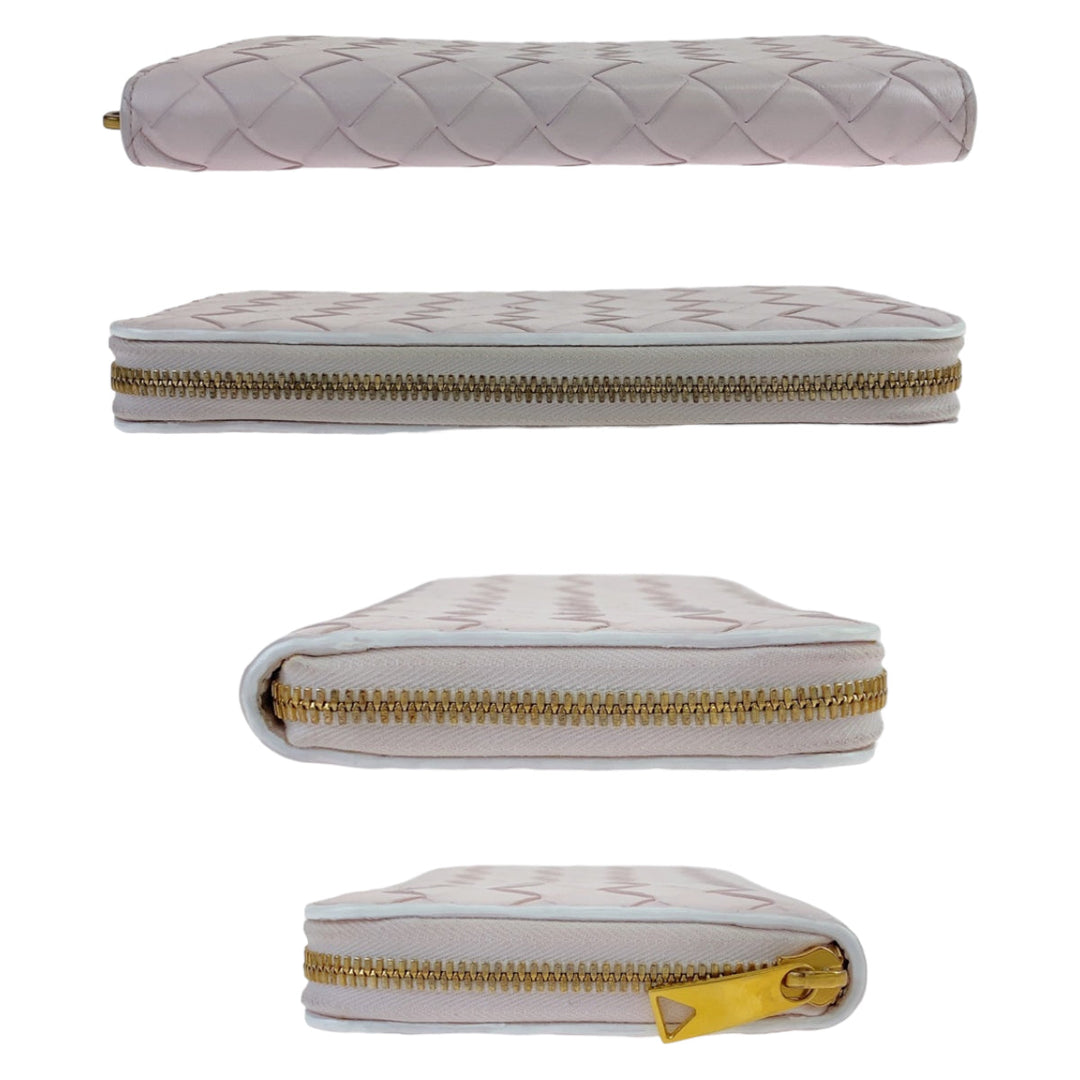 BOTTEGAVENETA Long Wallet Purse 608053 VCPP2 5903 lambskin Light Pink Gold Metal Long Wallet Purse Round Zip MAXI INTRECCIATO Women Used Authentic