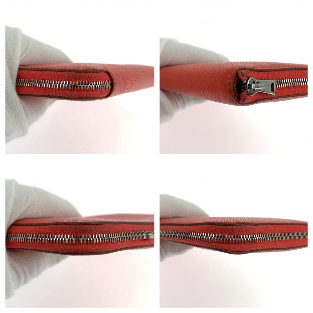 HERMES Long Wallet Purse Epsom Red orange Long Wallet Purse Zip Around Azap long silk in Women Used Authentic