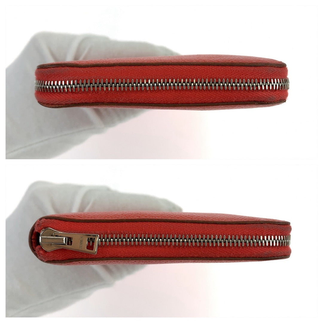 HERMES Long Wallet Purse Epsom Red orange Long Wallet Purse Zip Around Azap long silk in Women Used Authentic