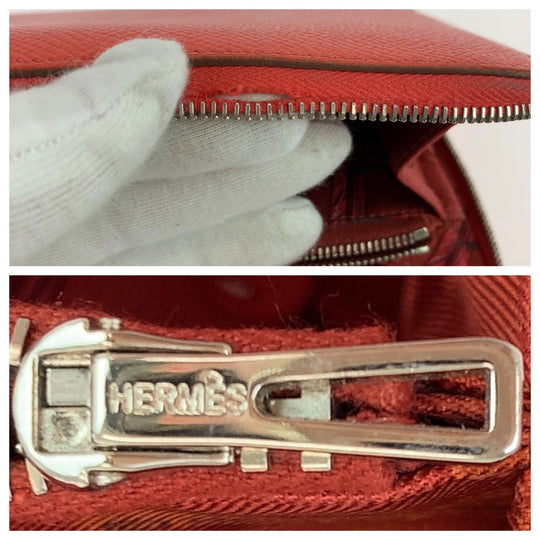 HERMES Long Wallet Purse Epsom Red orange Long Wallet Purse Zip Around Azap long silk in Women Used Authentic