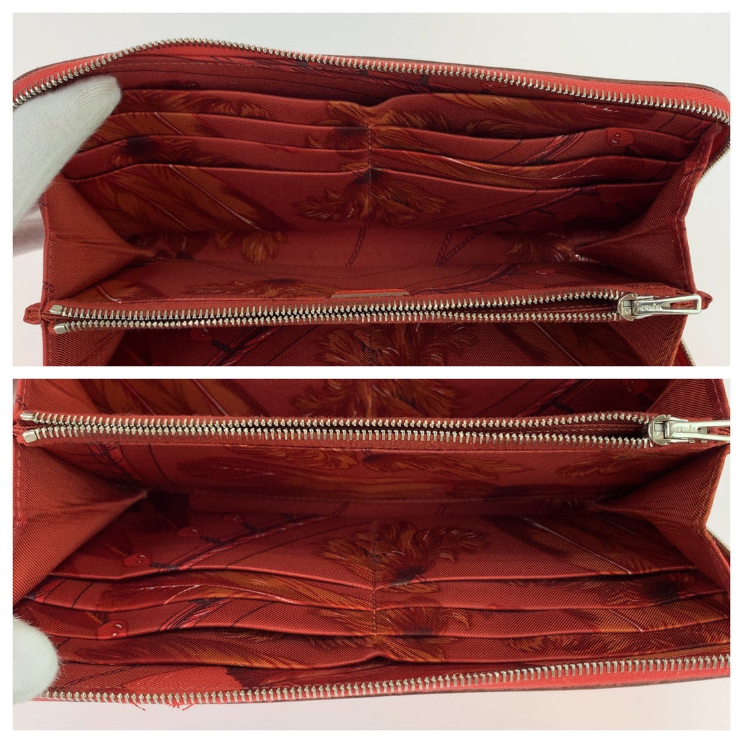 HERMES Long Wallet Purse Epsom Red orange Long Wallet Purse Zip Around Azap long silk in Women Used Authentic