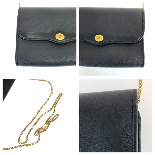 Christian Dior Shoulder Bag PVC Black Gold Metal Crossbody Shoulder Bag ChainShoulder Honeycomb Pattern Women Used Authentic