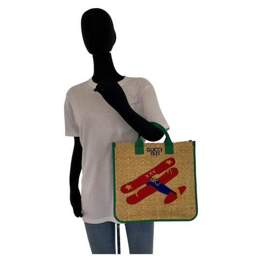 GUCCI Tote Bag 605831 straw Beige Green Tote Bag handbag basket bag Chilled license glider Women Used Authentic