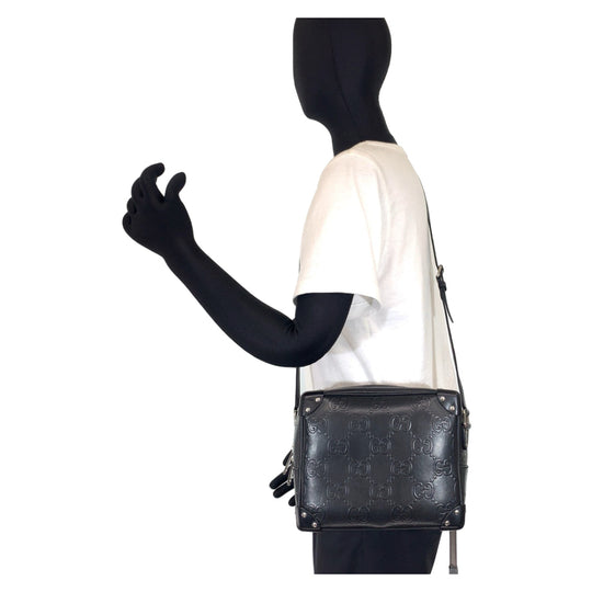 GUCCI Shoulder Bag 626363 leather Black Silver Metal Crossbody Shoulder Bag Soft Trunk GG emboss mens Used Authentic
