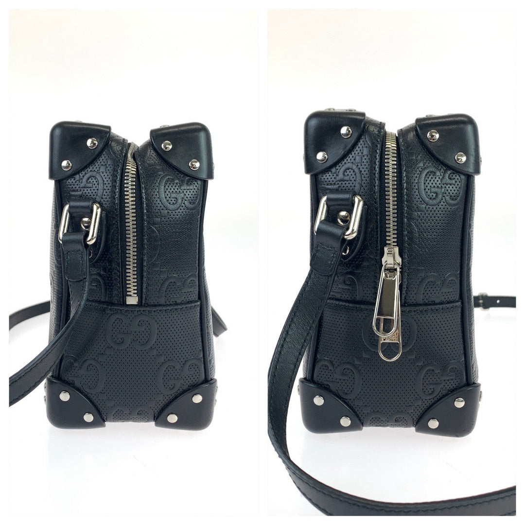 GUCCI Shoulder Bag 626363 leather Black Silver Metal Crossbody Shoulder Bag Soft Trunk GG emboss mens Used Authentic