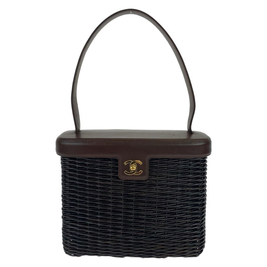 CHANEL Handbag Straw, Lambskin Dark Brown Gold Metal Handbag basket bag Rattan COCO Mark Women Used Authentic
