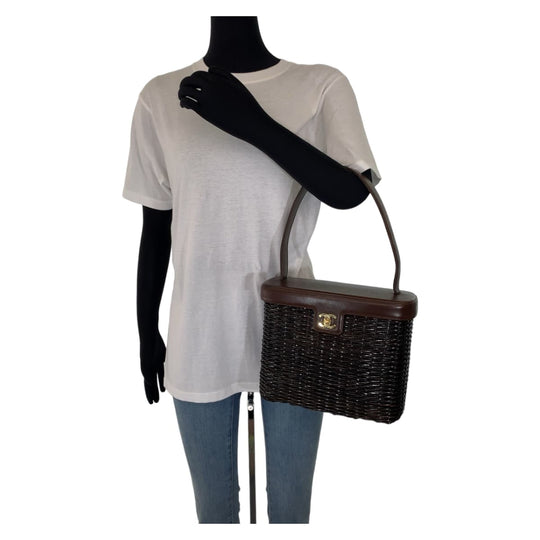 CHANEL Handbag Straw, Lambskin Dark Brown Gold Metal Handbag basket bag Rattan COCO Mark Women Used Authentic