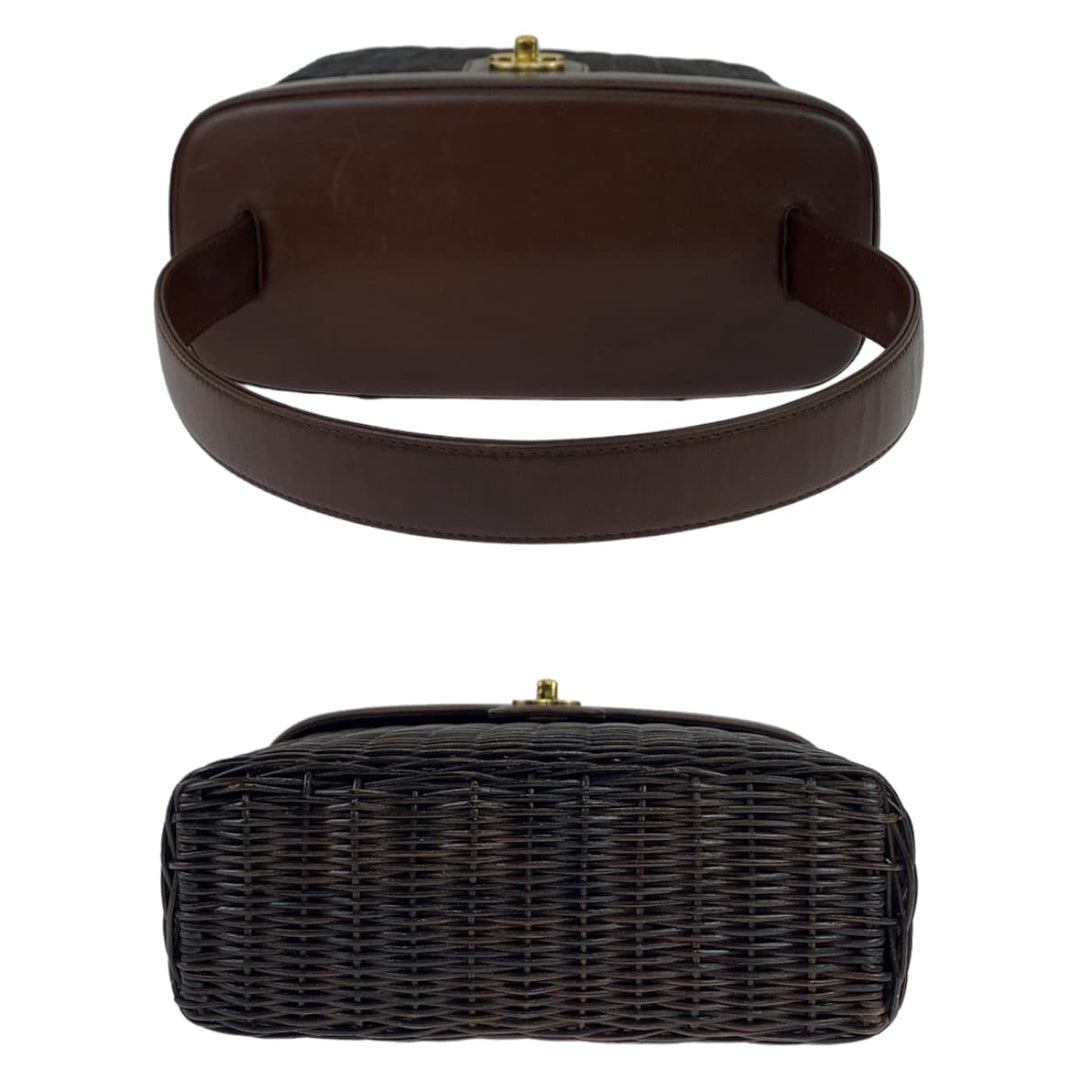 CHANEL Handbag Straw, Lambskin Dark Brown Gold Metal Handbag basket bag Rattan COCO Mark Women Used Authentic