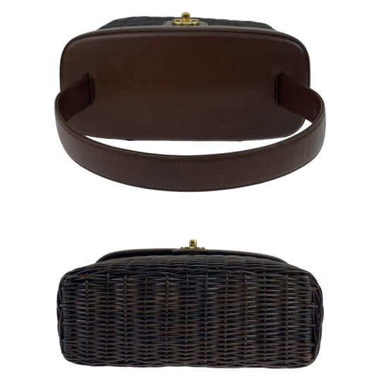 CHANEL Handbag Straw, Lambskin Dark Brown Gold Metal Handbag basket bag Rattan COCO Mark Women Used Authentic