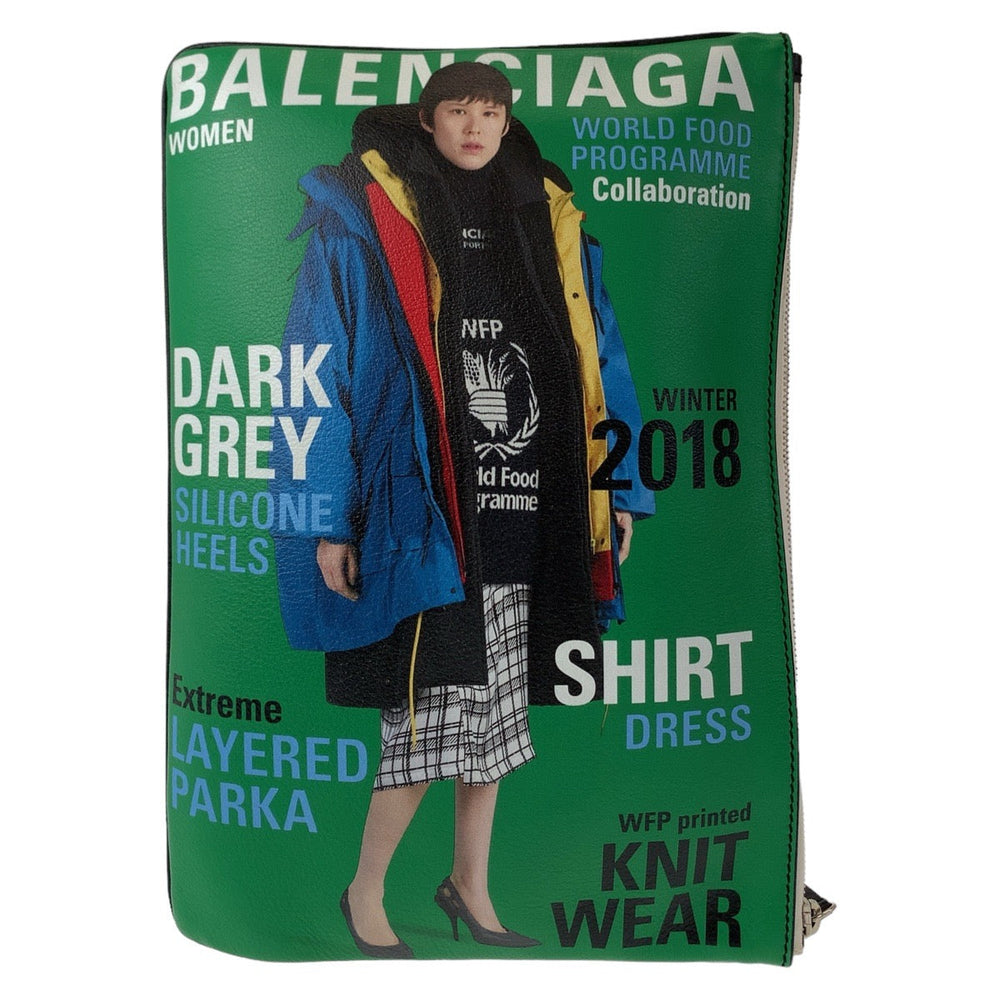 BALENCIAGA Clutch bag leather Black Green SilverMetal Clutch bag business bag Magazine Print mens Used Authentic
