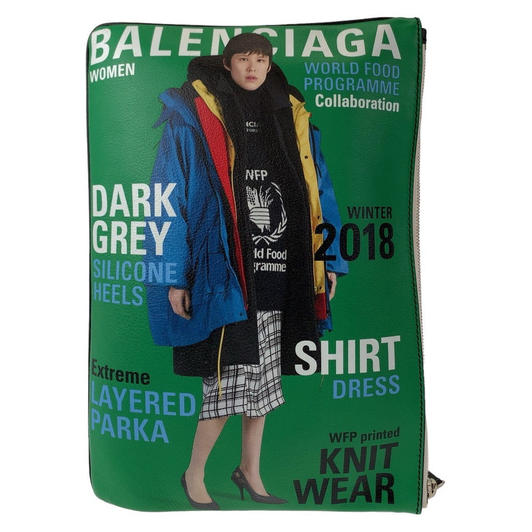 BALENCIAGA Clutch bag leather Black Green SilverMetal Clutch bag business bag Magazine Print mens Used Authentic