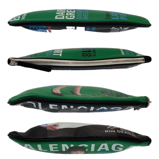 BALENCIAGA Clutch bag leather Black Green SilverMetal Clutch bag business bag Magazine Print mens Used Authentic