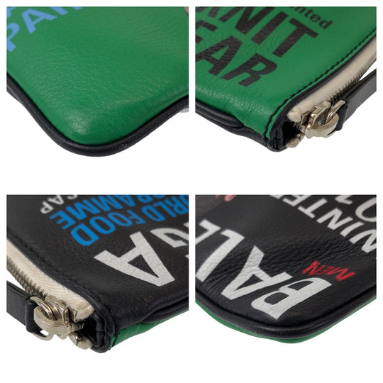 BALENCIAGA Clutch bag leather Black Green SilverMetal Clutch bag business bag Magazine Print mens Used Authentic