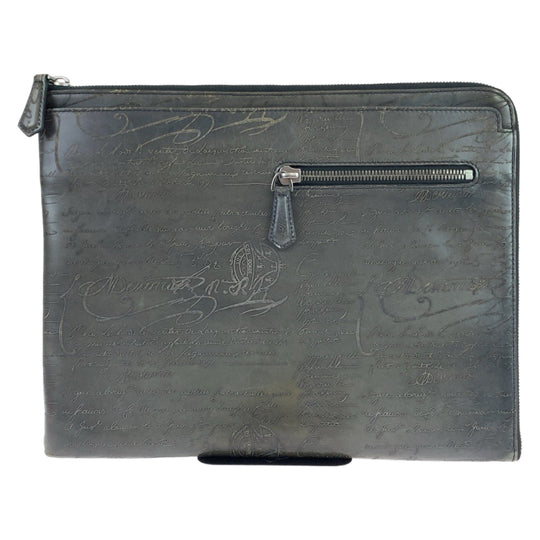 Berluti Clutch bag leather Gray Gunmetal Clutch bag business bag Calligraphy O'Grand Jules mens Used Authentic