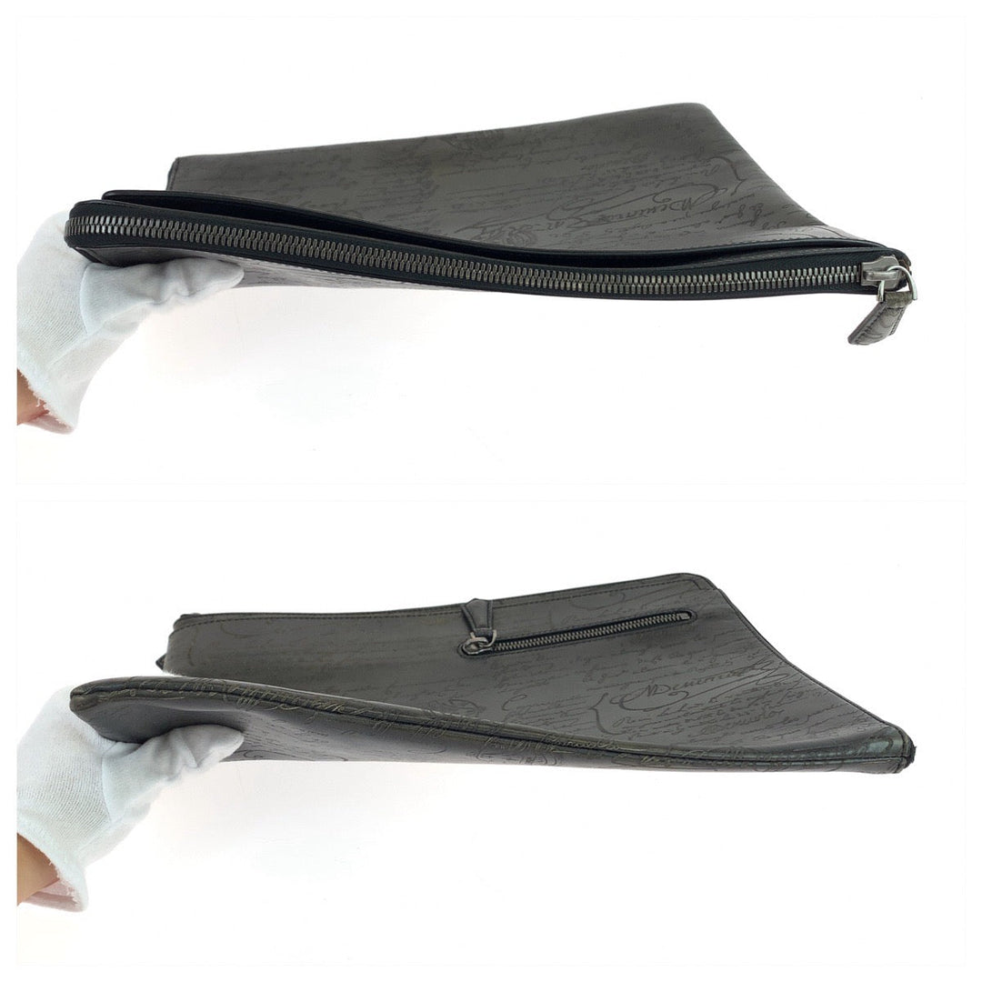 Berluti Clutch bag leather Gray Gunmetal Clutch bag business bag Calligraphy O'Grand Jules mens Used Authentic